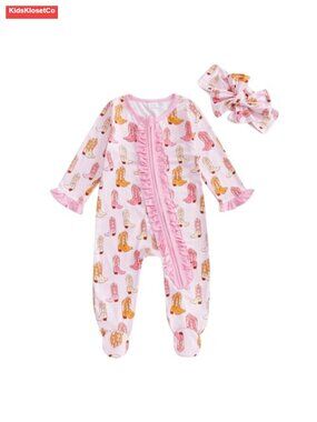 Western Baby Girl Footless Romper Long Sleeve Zip Up Jumpsuit